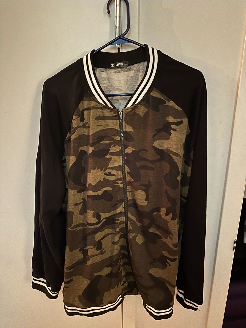 SHEIN Olive & Brown Camo Bomber Jacket with Black Sleeves